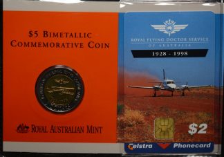 1998 royal flying doctor service bimetal 5 coin with 2 telstra phonecard