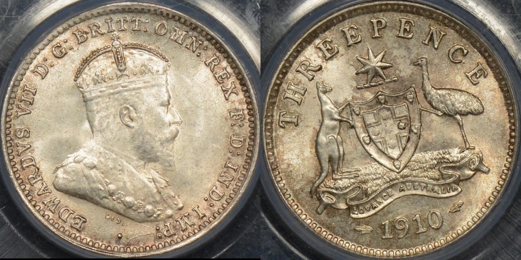 Australia 1910 threepence 3d GEM Uncirculated PCGS MS65