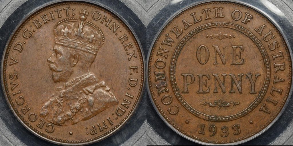 Australia 1933 2 overdate penny 1d extremely fine ef PCGS au55