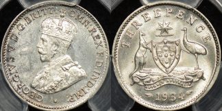 Australia 1934m threepence 3d Choice Uncirculated PCGS MS64