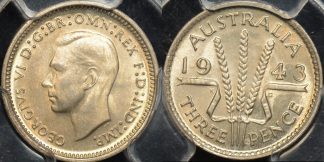 Australia 1943m threepence 3d Choice Uncirculated PCGS MS64