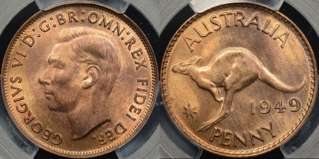 Australia 1949m penny 1d GEM Uncirculated PCGS MS65rb