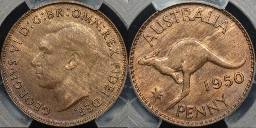 Australia 1950m penny 1d Choice Uncirculated PCGS MS64rb