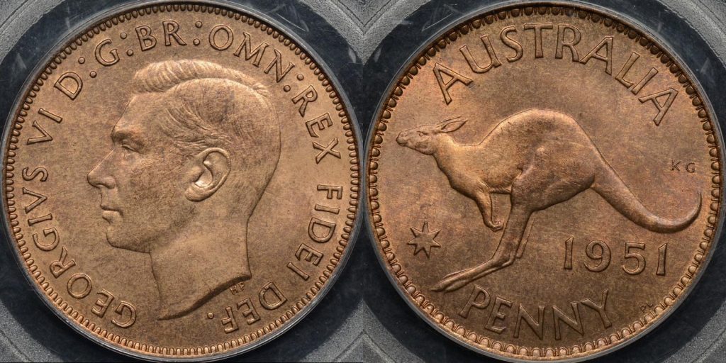 Australia 1951 pl penny 1d GEM Uncirculated PCGS MS65rb