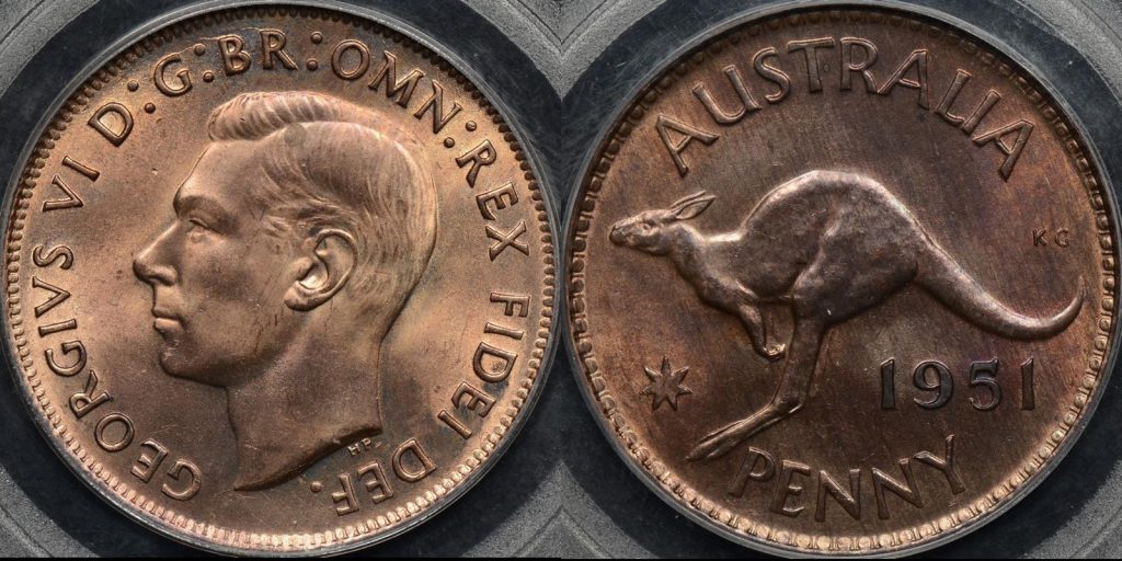 Australia 1951m penny 1d GEM Uncirculated PCGS MS65rb