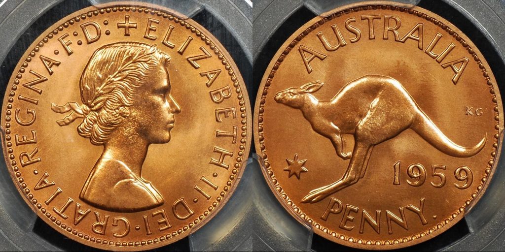 Australia 1959y penny 1d proof PCGS PR66rd red