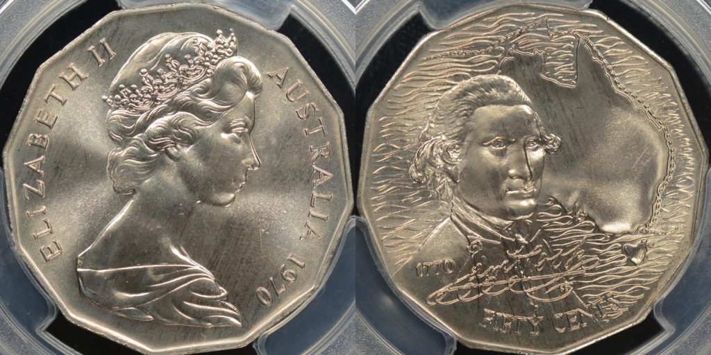 Australia 1970 Captain Cook 50 Cent Specimen PCGS SP67 The Purple Penny
