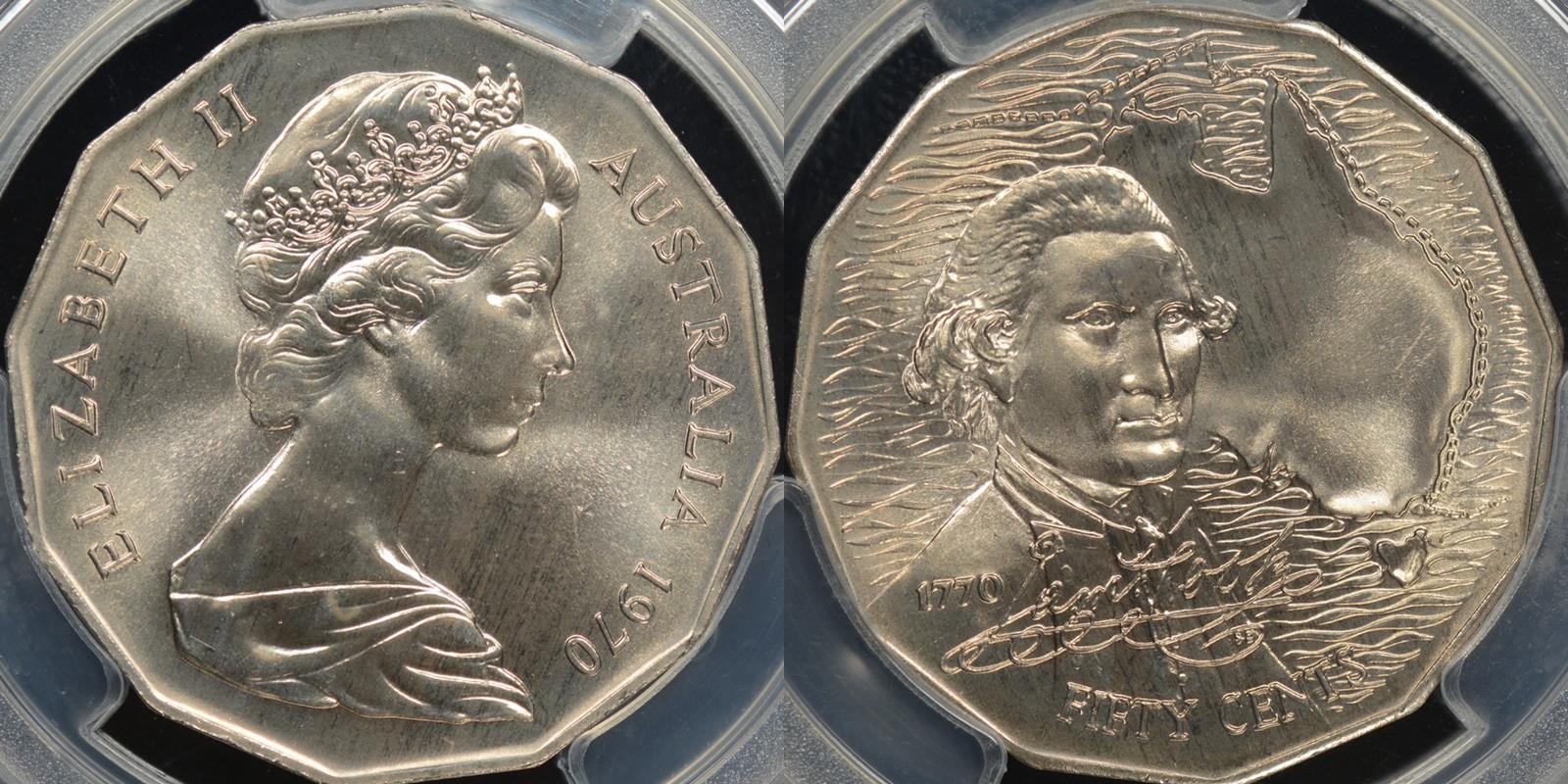 Australia 1970 Captain Cook 50 Cent Specimen PCGS SP67 The Purple Penny