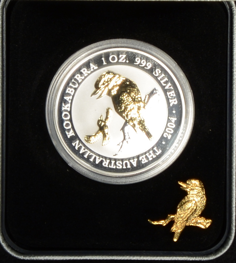 Australia 2004 1oz .999 Fine Silver $1 Gilded Edition Kookaburra w/Pin