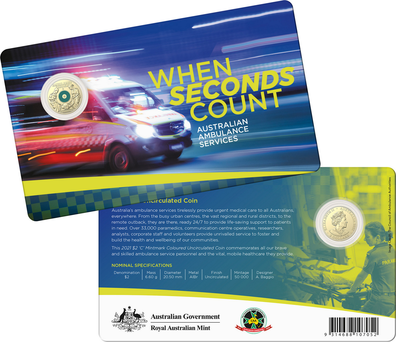 australia 2021 2 coloured c mintmark ambulance service in card