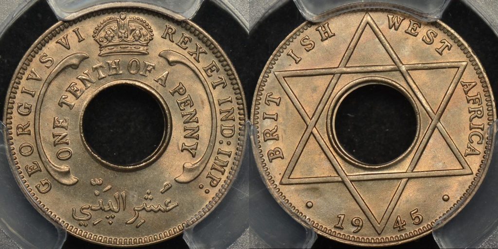 British west africa 1945 one tenth penny 1 10 d km 20 PCGS MS65 GEM Uncirculated
