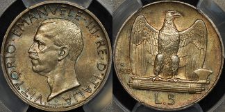 Italy 1929 r 5 lire 5l km 67.1 PCGS MS63 Uncirculated